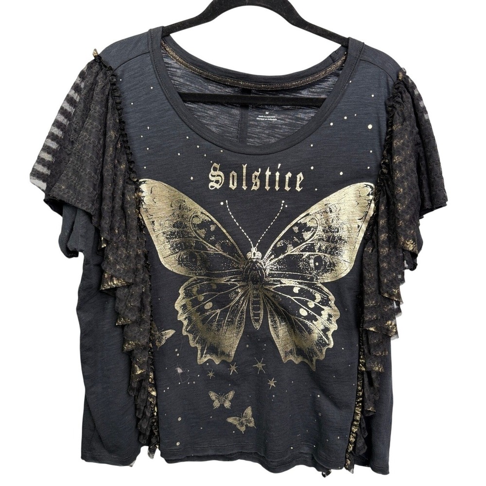 Anthropologie Pilcro Golden Hour Tee Solstice Butterfly Ruffle Lace Black M NEW